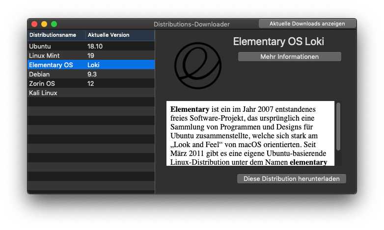 A screenshot of the Mac Linux USB Loader distribution downloader, showing information about Ubuntu Linux.