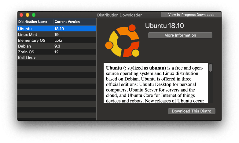 A screenshot of the Mac Linux USB Loader distribution downloader, showing information about Ubuntu Linux.