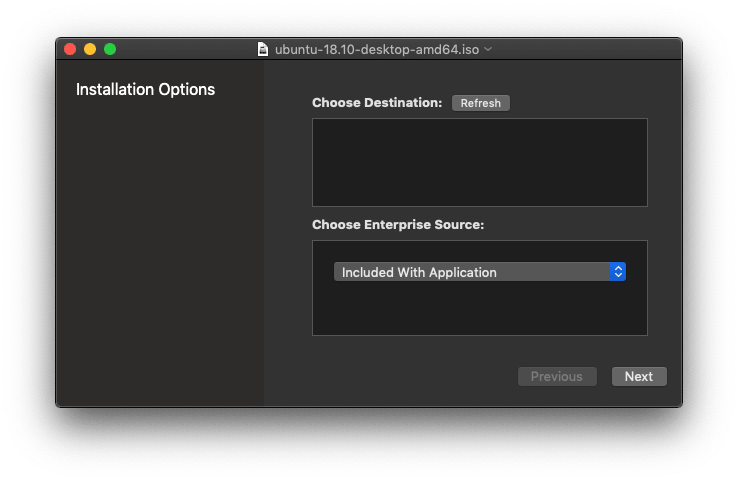 A screenshot of the first page of the Mac Linux USB Loader ISO setup wizard, showing an area to select the target USB drive.