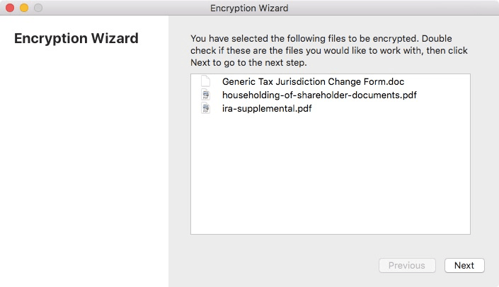 A screenshot of the Room 40 encryption wizard, showing the screen where the user confirms the files to be encrypted.