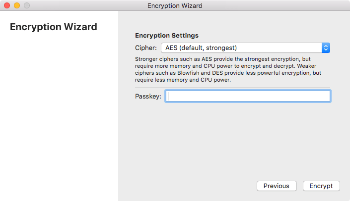 A screenshot of the Room 40 encryption wizard, showing the screen where the user enters the encryption passkey.